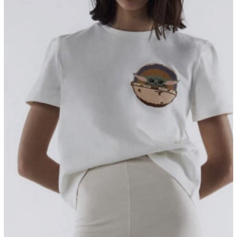 Zara Star Wars baby Yoda  embroidered t-shirt women size S white